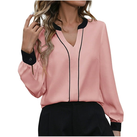 FamilyThread Womens Tops Dressy Casual V Neck Color Block Business Casual Blouses Long Sleeve Work Shirts Fall Trendy Clothes