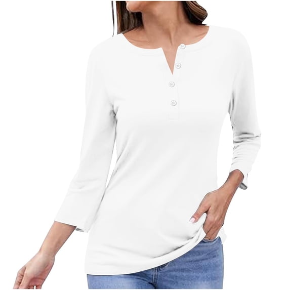 FamilyThread Womens V Neck Long Sleeve Tops Basic Button T-Shirts Solid Loose Cute Tunic Tee Blouses Comfy Pullover