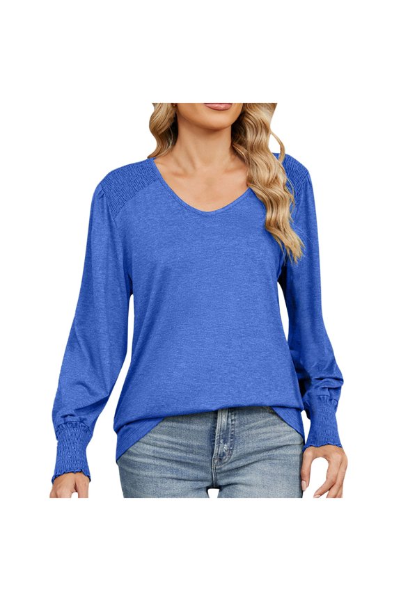 Womens V Neck Puff Long SleeveTunic Solid Blouses Fall Breathable Tops Ruffle Cuffs Dressy Casual T-Shirts