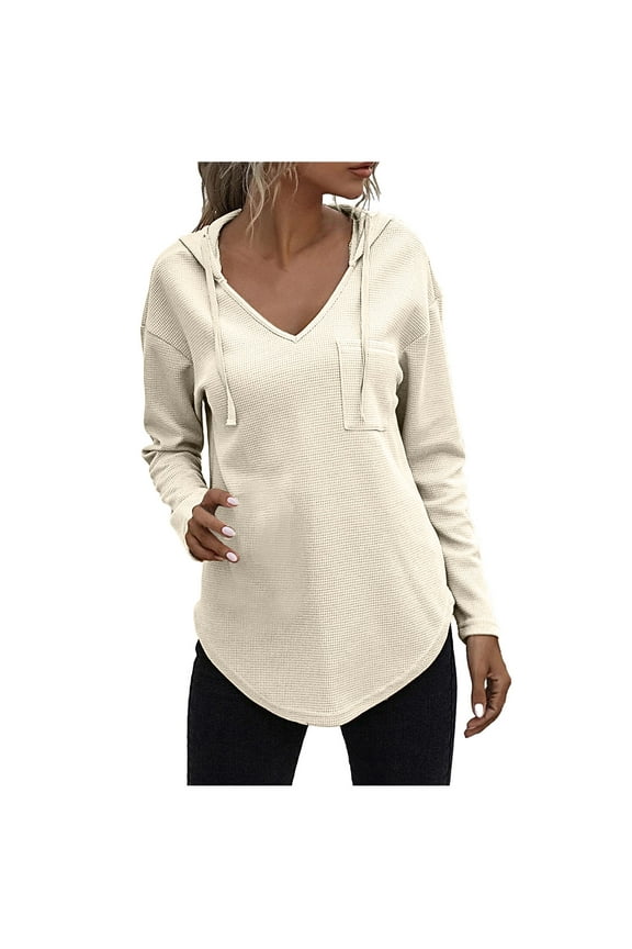 Womens V Neck Waffle Knit Shirts Long Sleeve Loose Shirt Warm Tee Tops Sweaters Solid Color Pullovers