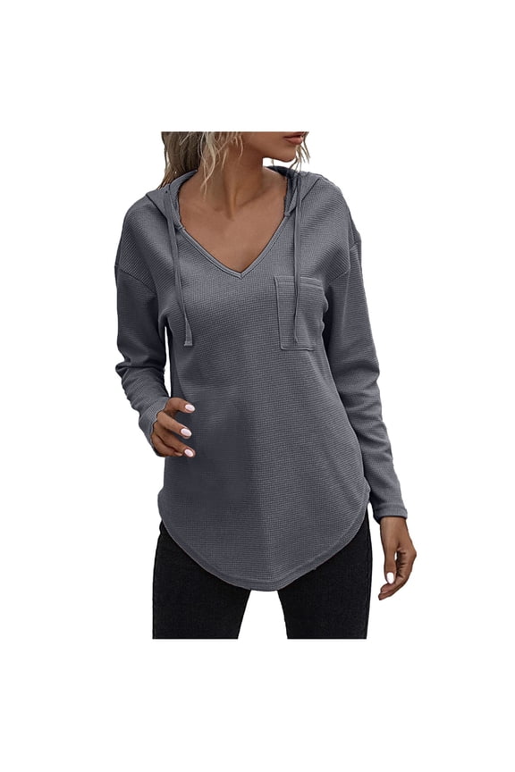 Womens V Neck Waffle Knit Shirts Long Sleeve Loose Shirt Warm Tee Tops Sweaters Solid Color Pullovers