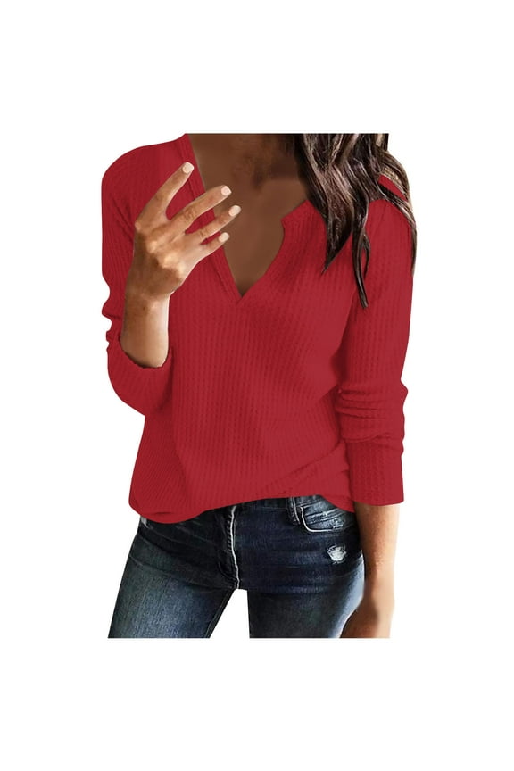 Womens V Neck Waffle Knit Shirts Long Sleeve Loose Warm Soft Solid Basic Tee Tops Sweaters Pullovers
