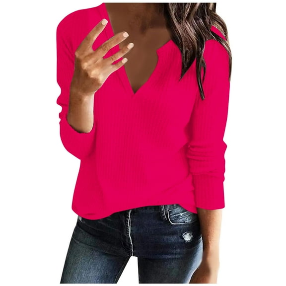 FamilyThread Womens V Neck Waffle Knit Shirts Long Sleeve Loose Warm Soft Solid Basic Tee Tops Sweaters Pullovers