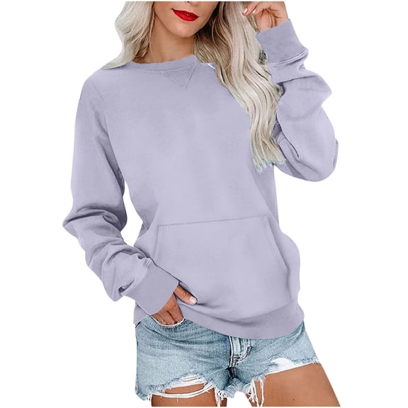 FamilyThread Womens Versatile Long Sleeve Sweatshirt Solid Color Crew Neck Cute Pullover Loose Kangaroo Pocket Causal Tops
