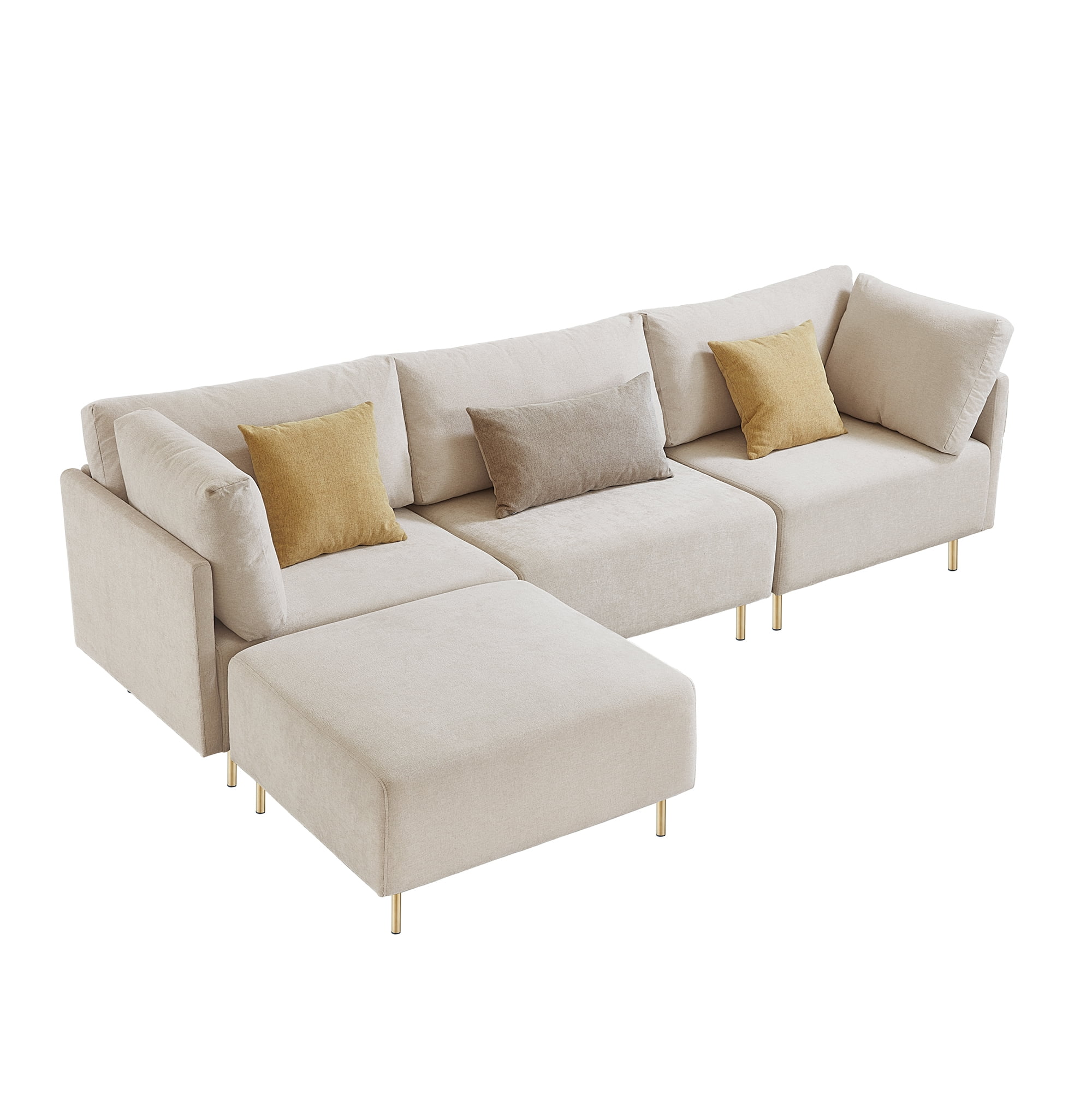 Beige Fabric L-Shaped Sectional Sofa with Ottoman and Pillows