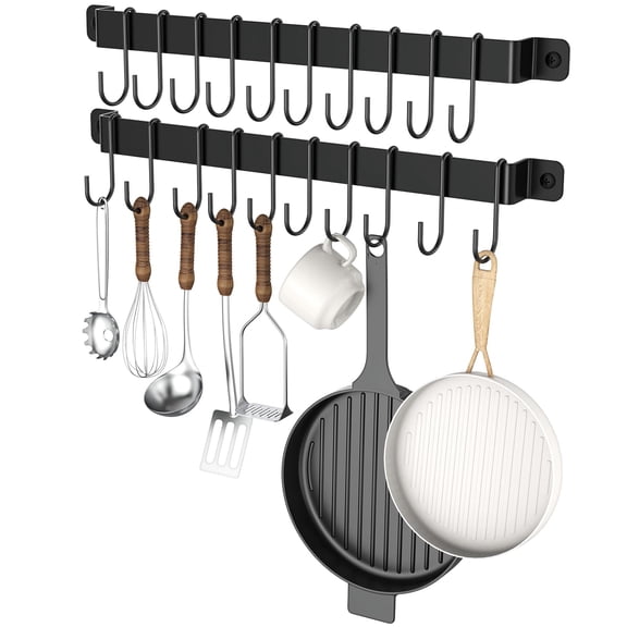 Famiron Kitchen Hanger Wall Mounted with 10 Hooks, Wrought Iron Kitchen Rail Utensil Holder Rack, Hanging Pots, Pans, Coffee Mug, Black, 17", 2 Pcs Y101