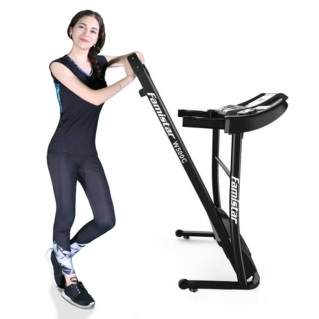 Famistar 12 Running Program Portable Folding Electric Treadmill, Easy Assembly Running Machine with Hand Pulse Sensor Cup Holder Safety Key, Free Knee Strap Gift Included, W500C