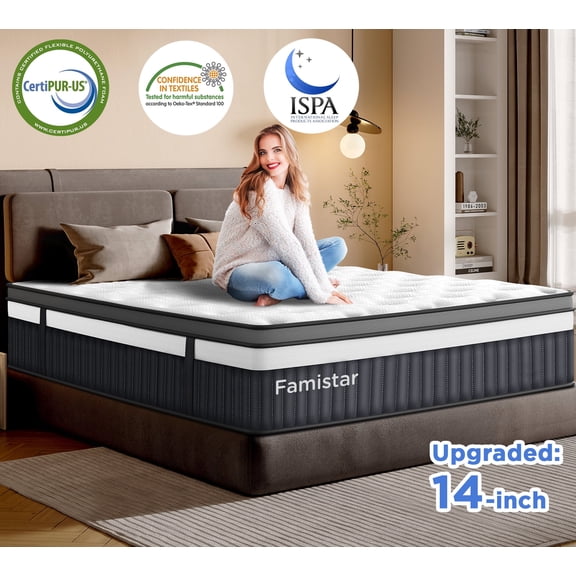 Famistar 14In Queen Mattress In a Box, Breathable Mattress w/ Gel Memory Foam & Pocket Spring for Motion Isolation, Anti-pilling & Flame Retardant, Medium Firm, Pressure Relief, CertiPUR-US