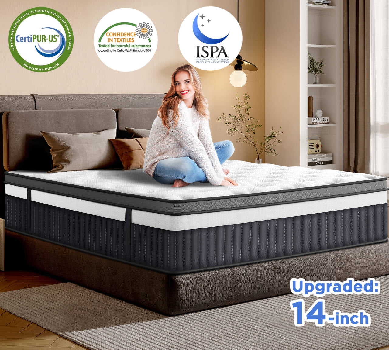 14In Queen Mattress In a Box, Breathable Mattress w/ Gel Memory Foam & Pocket Spring for Motion Isolation, Anti-pilling & Flame Retardant, Medium Firm, Pressure Relief, CertiPUR-US