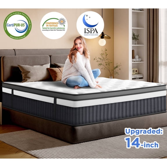 14In Queen Mattress In a Box, Breathable Mattress w/ Gel Memory Foam & Pocket Spring for Motion Isolation, Anti-pilling & Flame Retardant, Medium Firm, Pressure Relief, CertiPUR-US