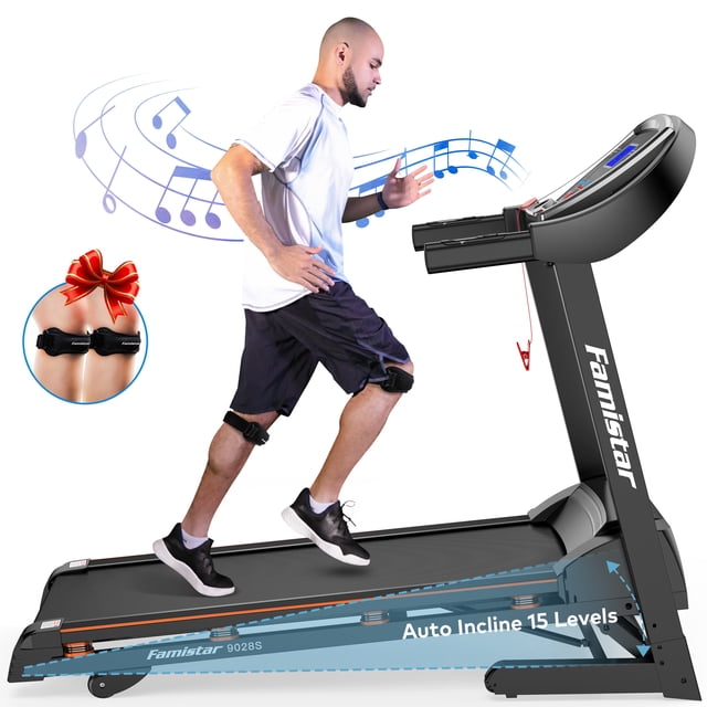Famistar 3.25HP Folding Electric Treadmill for Home with 15-Level Auto Incline, 300LB Capacity, 12+1 Programs 3 Modes, Backlit LCD Display, Pulse Sensor, Built-in MP3 Speaker, Free Knee Strap Gift