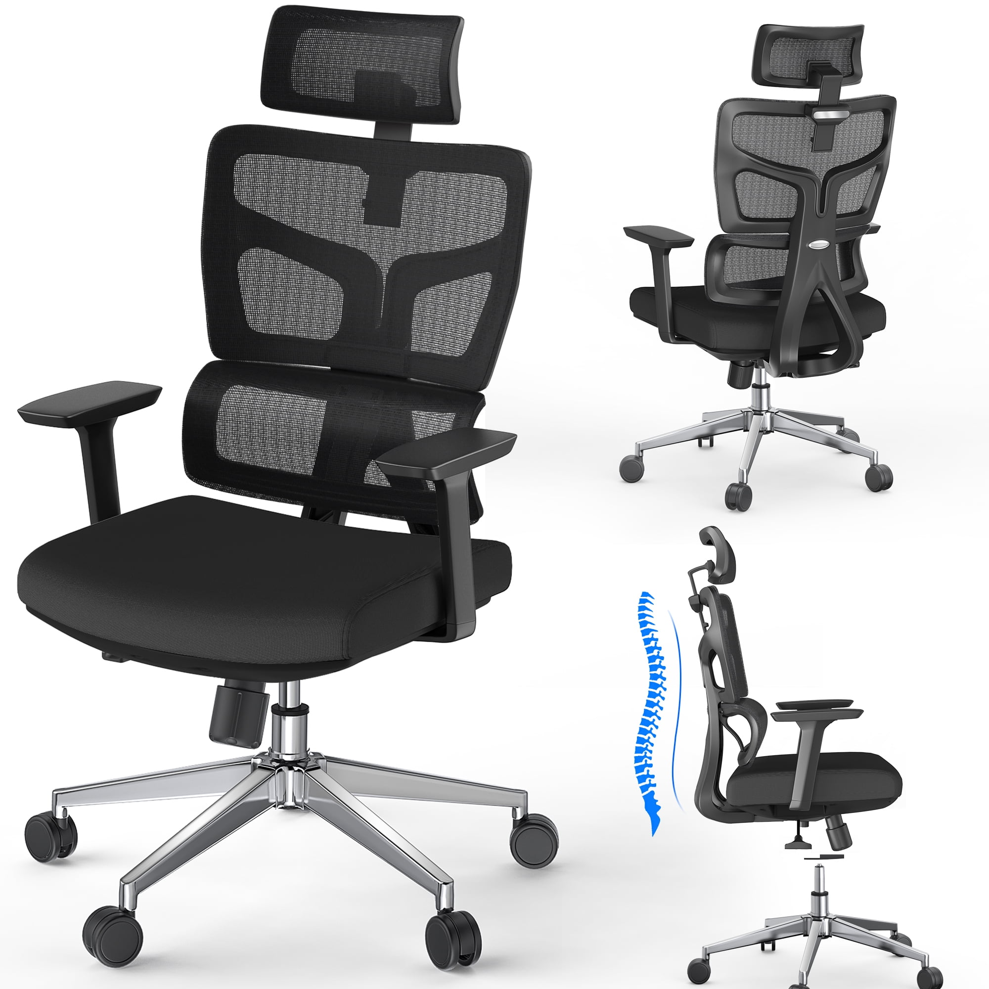  Office Chair with Foot Rest, Rubber Wheels Desk Chair with  Lumbar Support, Adjustable Headrest & 3D Armrest, Mesh Computer Chair for  Adults, Reclining Home Office Chair BlackGray : Home & Kitchen