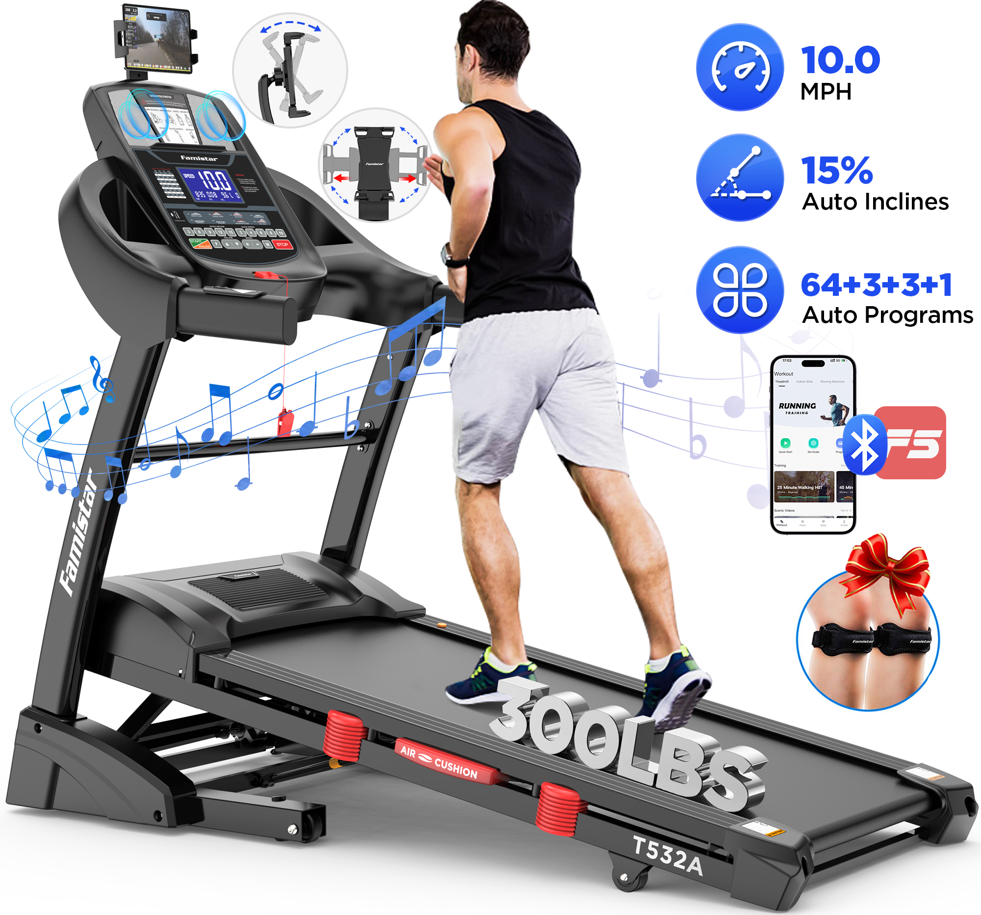 Famistar 4.5HP Folding Treadmill for Home with 15 Auto Incline, Smart APP, 300lbs, HiFi Bluetooth Speakers, 64 Programs, 10MPH Speed, Foldable EleTreadmill Running Machine, Knee Strap Gift - image 1 of 7