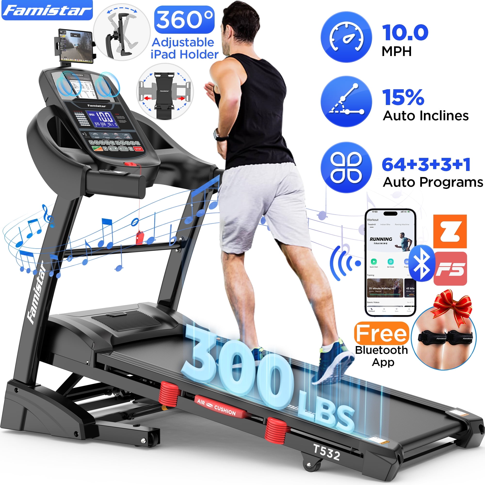 Famistar 4.5HP Folding Treadmill for Home with 15 Auto Incline, Smart APP, 300lbs, HiFi Bluetooth Speakers, 64 Programs, 10MPH Speed, Foldable EleTreadmill Running Machine, Knee Strap Gift
