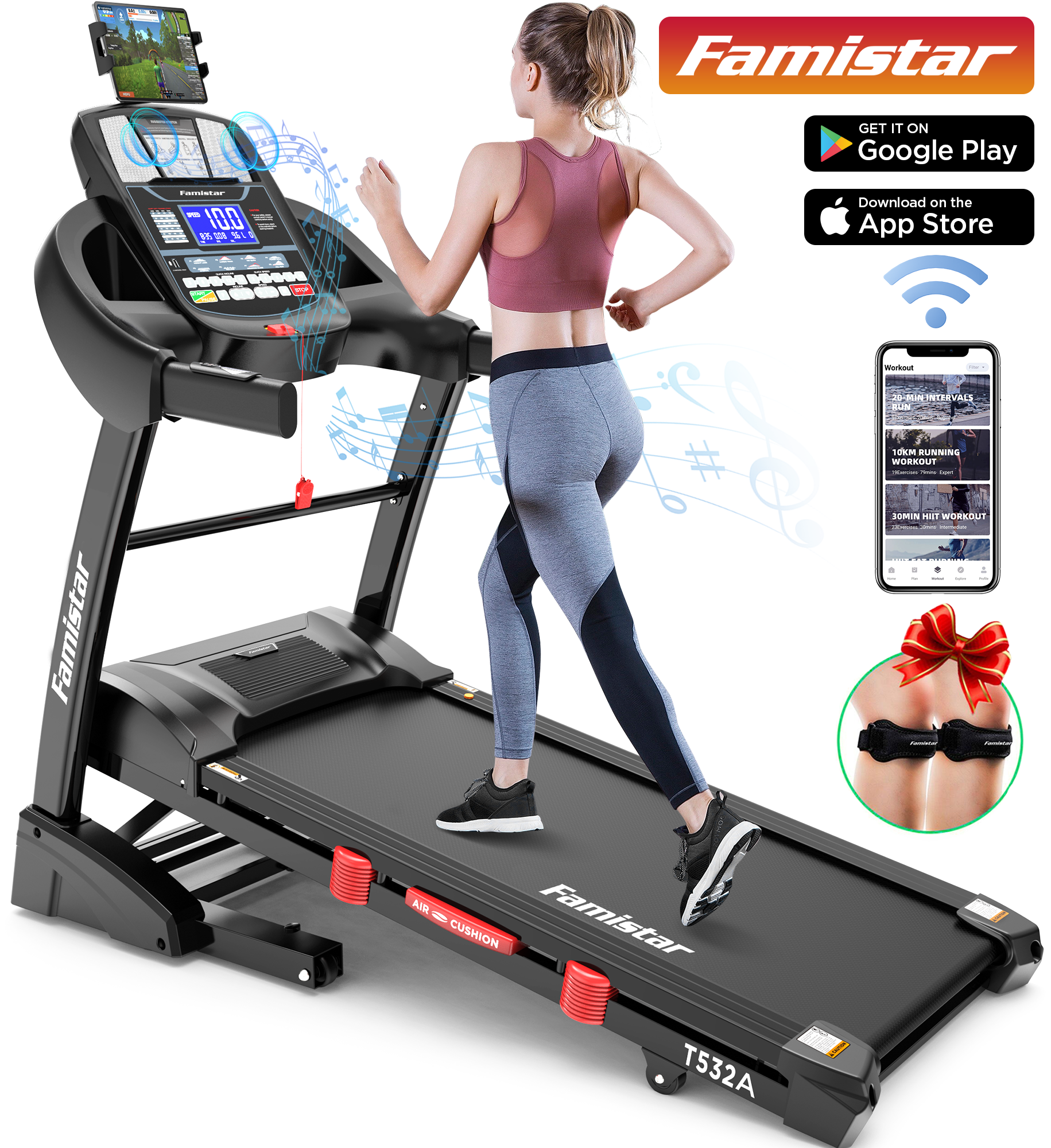Famistar 4.5HP Portable Folding Treadmill 300 LB Capacity for Home w/ 15-Level Auto Incine, Smart APP Control, HiFi Stereo Bluetooth Speakers, 64 Programs, Up to 10MPH Speed, Knee Strap Gift - image 1 of 14
