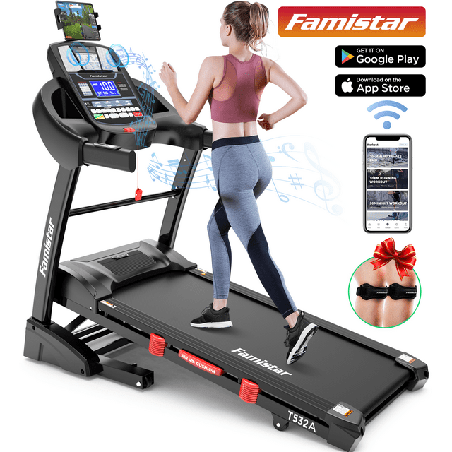 Famistar 4.5HP Portable Folding Treadmill 300 LB Capacity for Home w/ 15-Level Auto Incine, Smart APP Control, HiFi Stereo Bluetooth Speakers, 64 Programs, Up to 10MPH Speed, Knee Strap Gift
