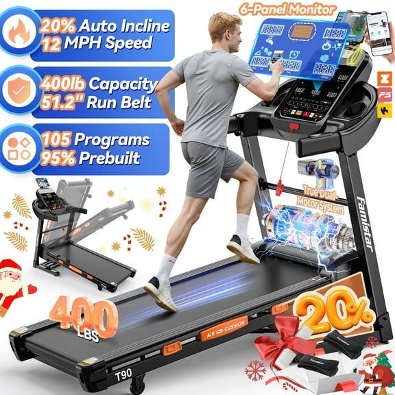 Treadmill with 20% Auto Incline for Home, 300-400LB Capacity, Folding Running Walking Treadmill, 12MPH Max Speed, 105 Programs, Bluetooth, Smart Apps, 1218 Newly Upgraded