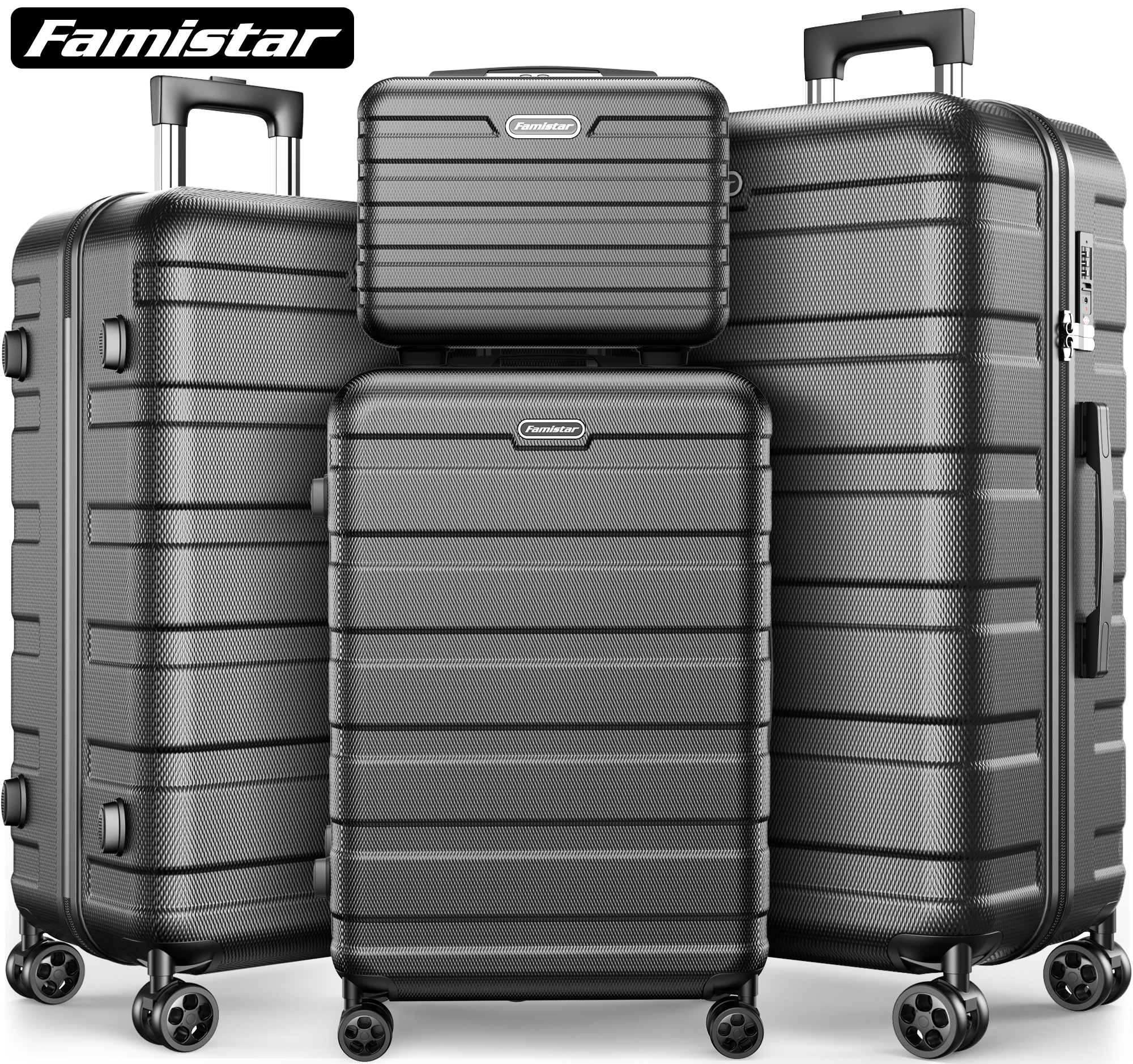 Famistar 4 Piece Hardside Luggage Suitcase Set with 360° Double Spinner Wheels Integrated TSA Lock, 14” Travel Case, 20" Carry-On Luggage, 24" Checked Luggage and 28" Checked Luggage, Black - image 1 of 11
