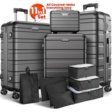 Famistar 11 Piece Hardside Luggage Suitcase Set with 360° Double Spinner Wheels TSA Style Lock, 14” Travel Case, 20" Carry-On Luggage, 24" Checked Luggage and 28" Checked Luggage, Black