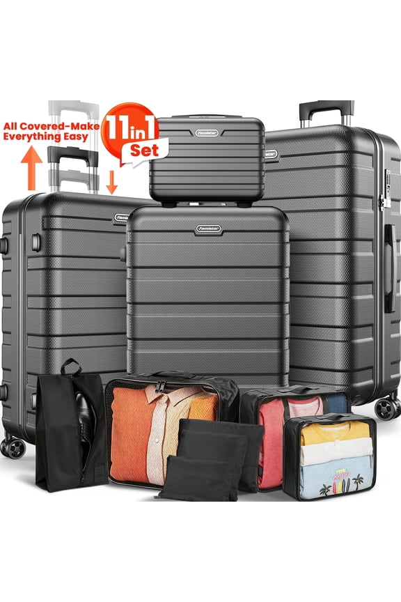 11 Piece Hardside Luggage Suitcase Set with 360° Double Spinner Wheels Wheels Integrated TSA Lock, 14” Travel Case, 20" Carry-On Luggage, 24" Checked Luggage and 28" Checked Luggage, Black