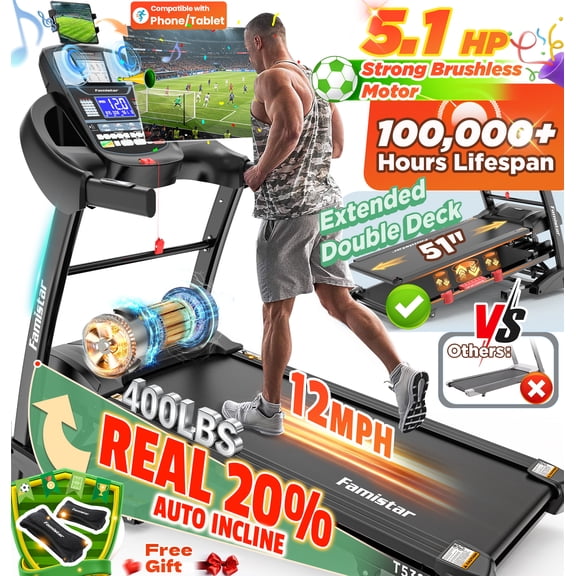 Famistar 5.1HP Folding Treadmill for Home with 20% Auto Incline, 300-400 LB Capacity, Portable Foldable Treadmill, FREE APP Control, Adjustable Tablet Holder,12MPH Speed,71 Programs,Knee Straps Gift