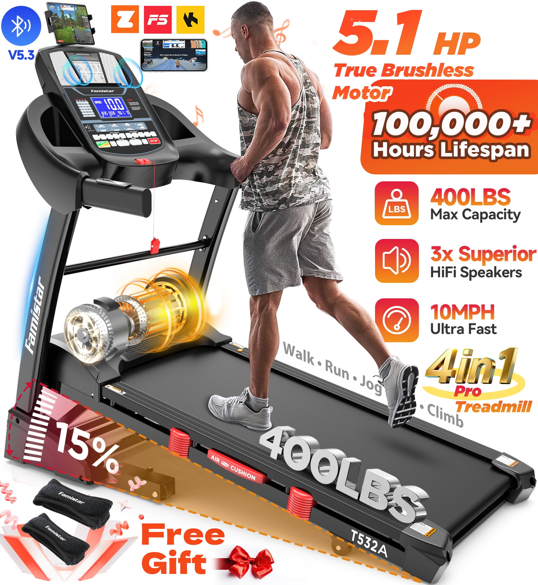 Famistar Folding Treadmill for Home with 15% Auto Incline