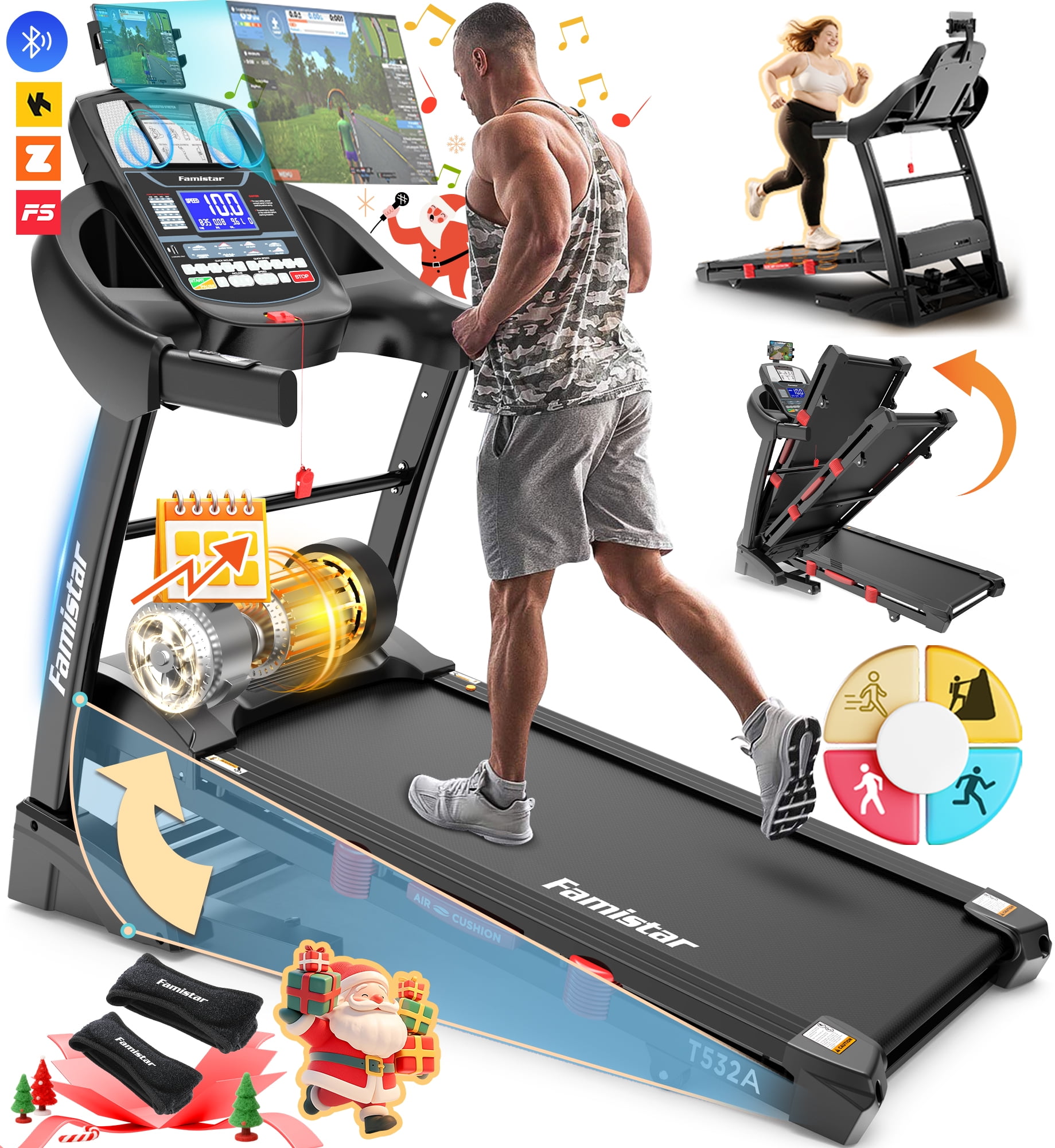 Famistar 5.1HP Folding Treadmill for Home with 15% Auto Incline, 300-400 LB Capacity, Portable Foldable Treadmill, FREE APP Control, Adjustable iPad Holder, 10MPH Speed, 71 Programs, Knee Straps Gift