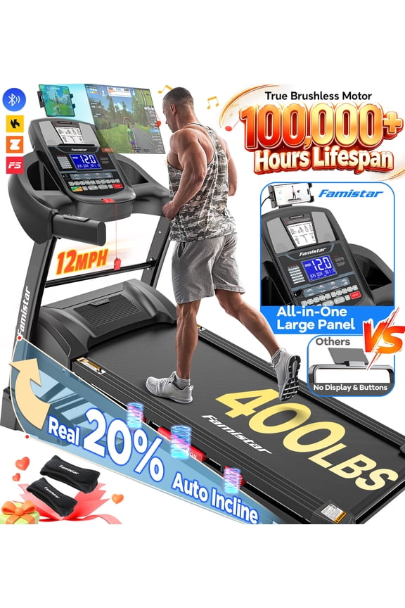 12MPH Folding Treadmill with 20% Auto Incline, 300-400 LB Capacity, Treadmills for Home Running Walking, 5.1HP Brushless Motor, Foldable Electric Treadmill Running Machine with APP & Bluetooth