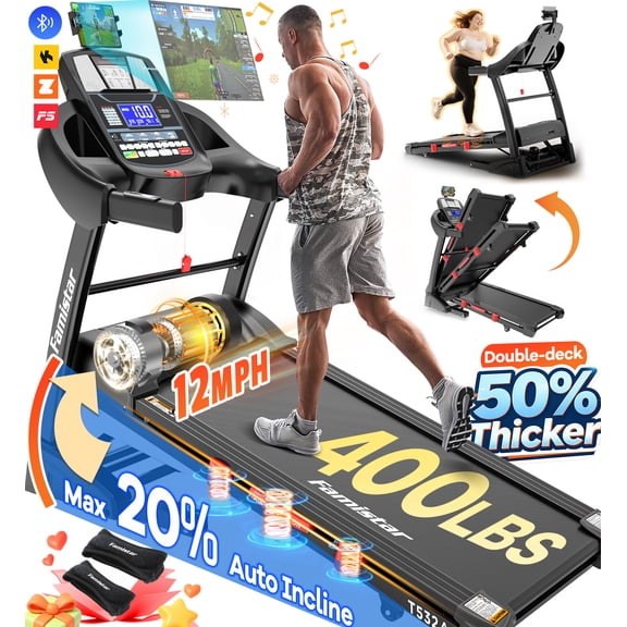 Famistar 5.1HP Folding Treadmill for Home with 20% Auto Incline, 300-400 LB Capacity, Portable Foldable Treadmill, FREE APP Control, Adjustable Tablet Holder,12MPH Speed,71 Programs,Knee Straps Gift