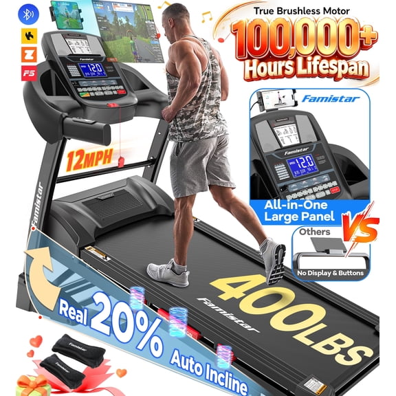 12MPH Folding Treadmill with 20% Auto Incline, 300-400 LB Capacity, Treadmills for Home Running Walking, 5.1HP Brushless Motor, Foldable Electric Treadmill Running Machine with APP & Bluetooth
