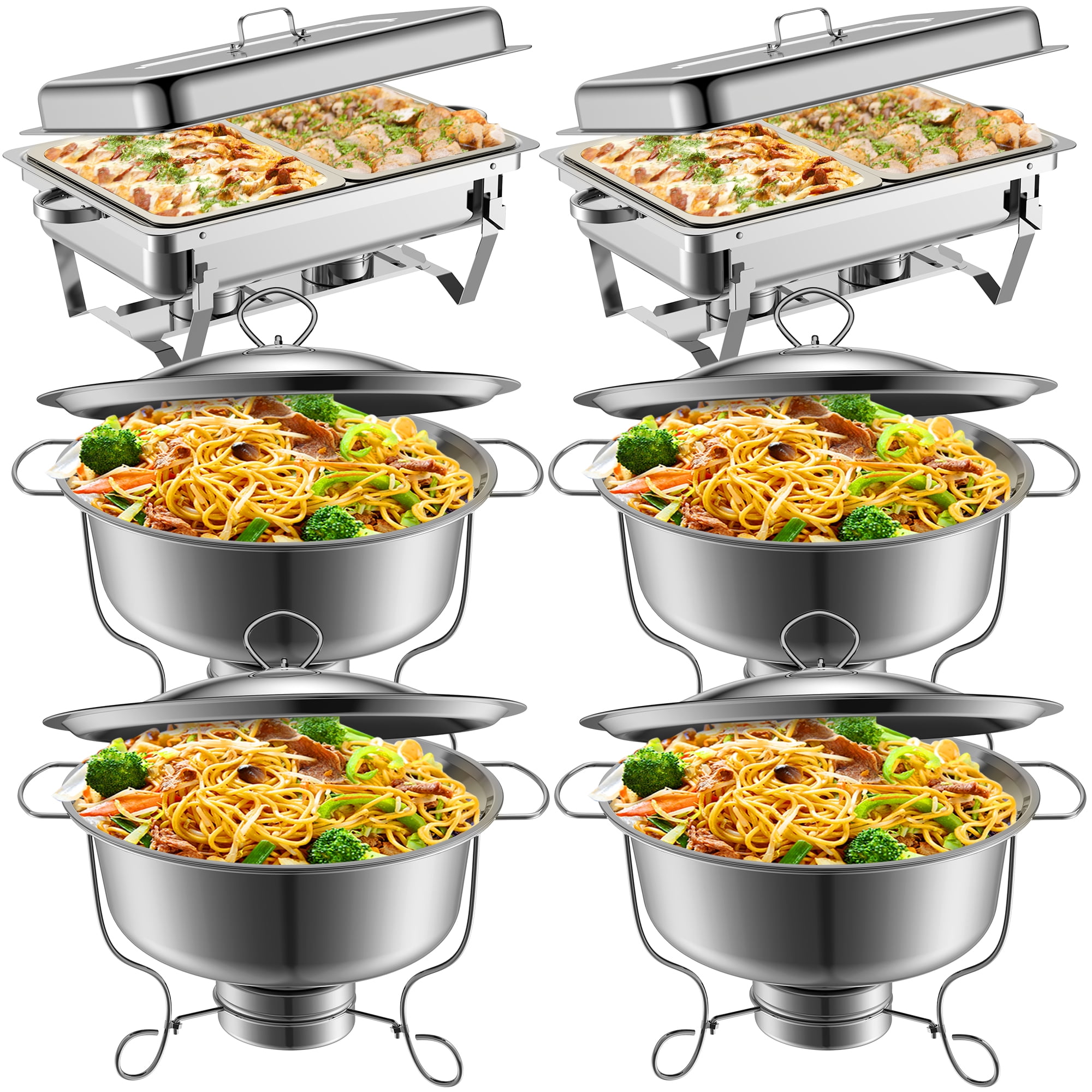 Famistar 6 Pack Chafing Dish Buffet Set Stainless Steel 2 Foldable Rectangular 4 Round Buffet Servers and Warmers Set Catering Food Warmers, 5/8 QT-Silver