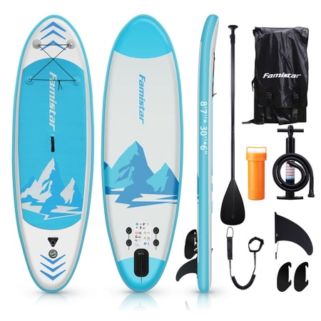 Famistar 8'7" Inflatable Stand Up Paddle Board (6"Thick) with SUP/ 3 Pins | Wide Stance, Bottom Fin for Paddling, Surf Control, Non-Slip Deck |Youth & Adult Standing Boat-Green