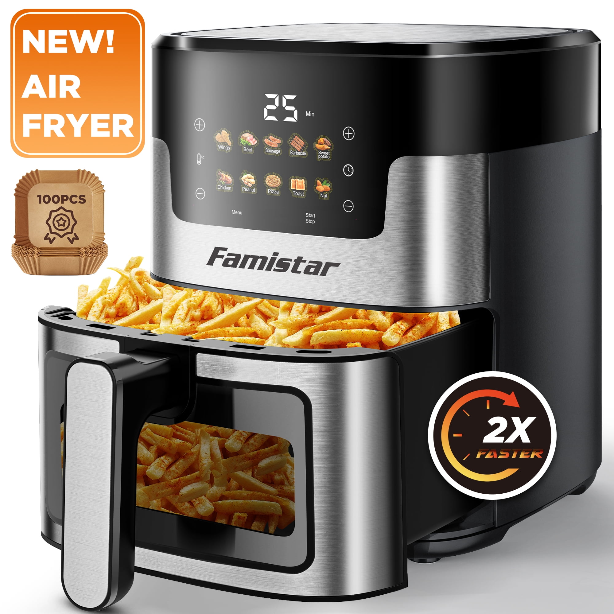 Famistar Air Fryer Oven 8 Preset Cookings, Portable Airfryer with Large 7.5 QT, 8 in 1 Touch Screen, Visible Window, Dishwasher-Safe, 95% Less Fat, Air Fryer W/100Pcs Paper Liners