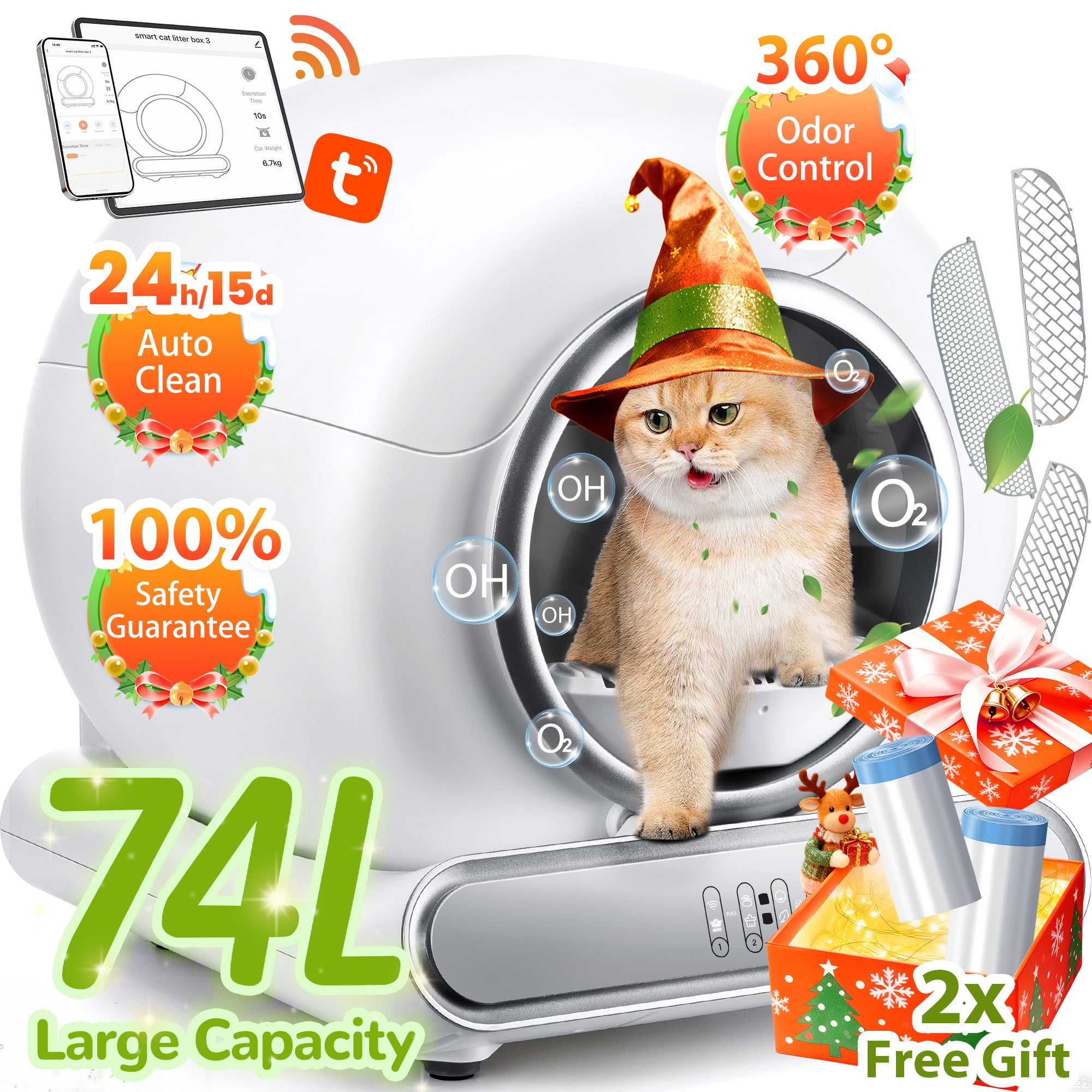 Famistar Automatic Cat Litter Box Self Cleaning, 65+9L Large Litter Box with Liner, Odor Removal, 2.4G WiFi APP Control/Integrated Safety Protection, 2 Sifters Included