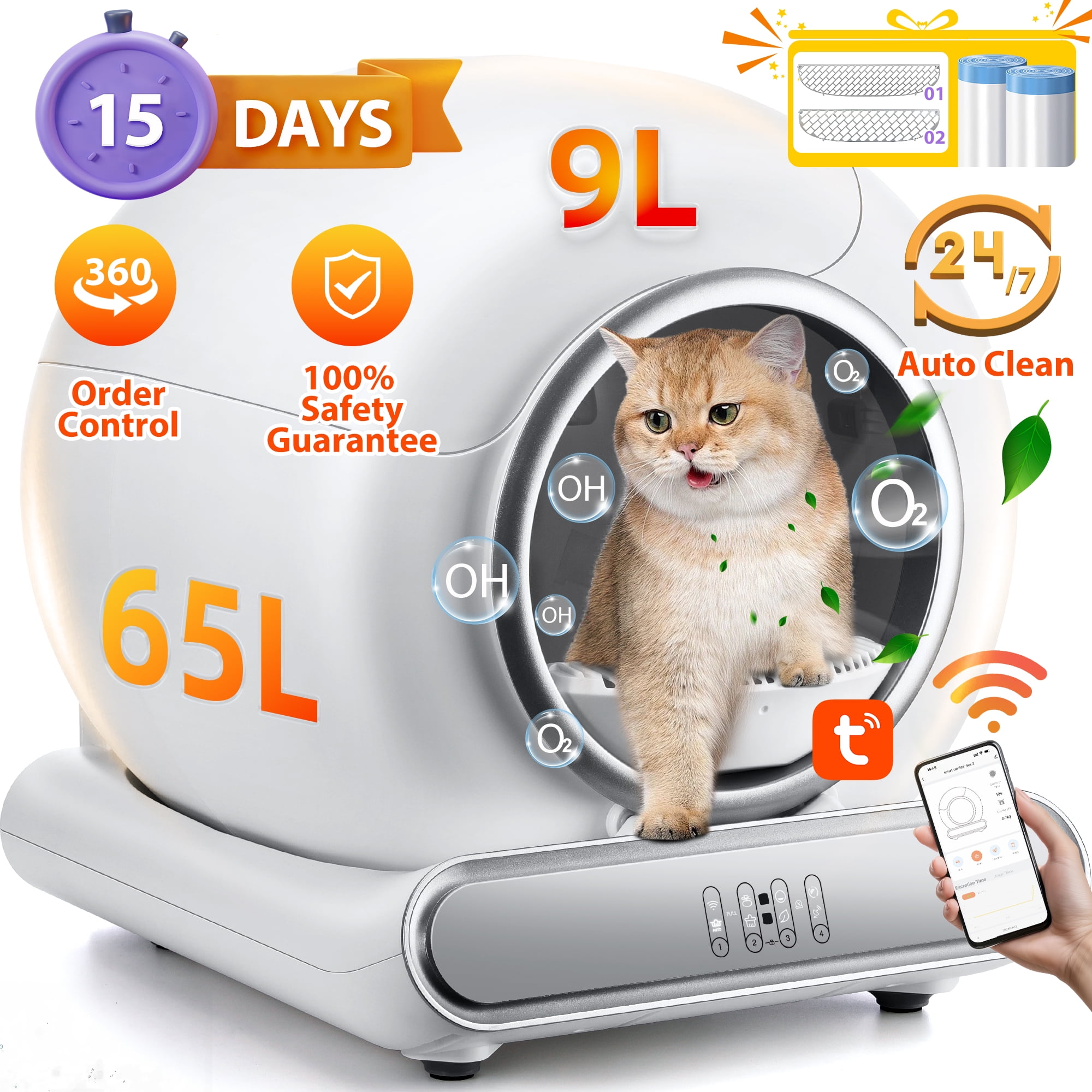 Famistar Automatic Cat Litter Box Self Cleaning, 65+9L Large Litter Box with Liner, Odor Removal, 2.4G WiFi APP Control/Integrated Safety Protection, 2 Sifters Included