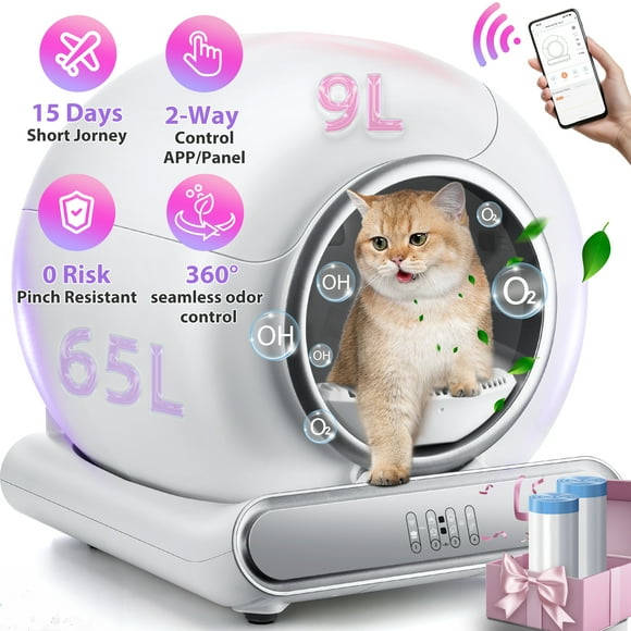 Famistar Automatic Cat Litter Box Self Cleaning, 65+9L Large Litter Box with Liner, Odor Removal, 2.4G WiFi APP Control/Integrated Safety Protection