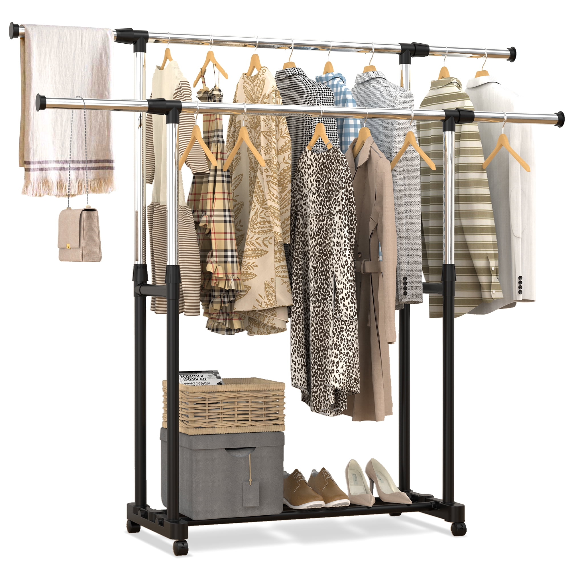 Famistar Movable Double Rail Clothing Hanger, Adjustable Rolling ...