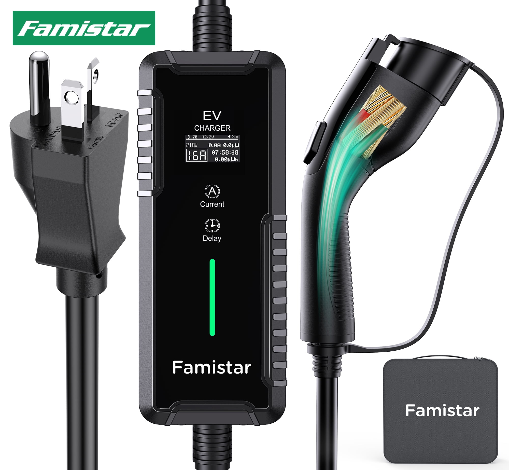 Famistar EV Charger, Level 2 Portable Electric Vehicle Car Charger Charging Station, 6-20 Plug, 16 Amp, 100-240V, 25FT Model, IP65 Waterproof, 0.96” LCD Screen, UL Recognized, for SAE J1772 EV