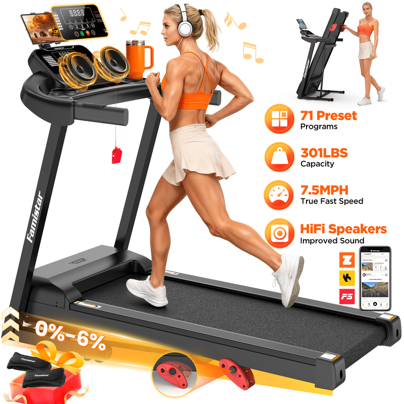 Famistar Electric Folding Treadmill for Home with Adjustable Incline & APP, 7.5MPH Speed, 300lbs, HiFi Bluetooth Speakers, 3.45HP Foldable Compact Treadmill Wal