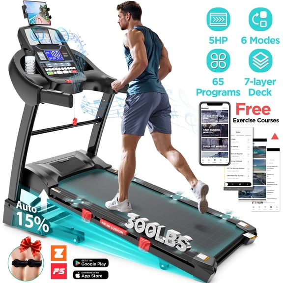 300lb Capacity Treadmill, 5HP Folding Treadmill w/ 15% Auto Incline, 10MPH Fast Speed, 64+3+3+1 Preset Programs, Portable Walking Jogging Machine
