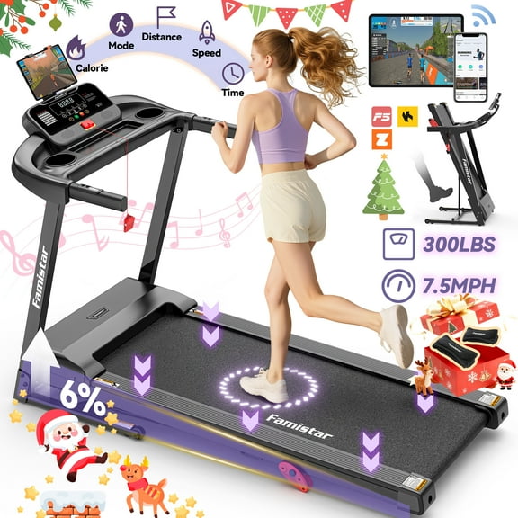 Treadmill 300 LB Capacity for Home with Incline, Folding Electric Running Walking Treadmill, Portable Treadmill for Home Use, 7.5 MPH, Smart Apps, 64+7 Programs, Bluetooth Speakers