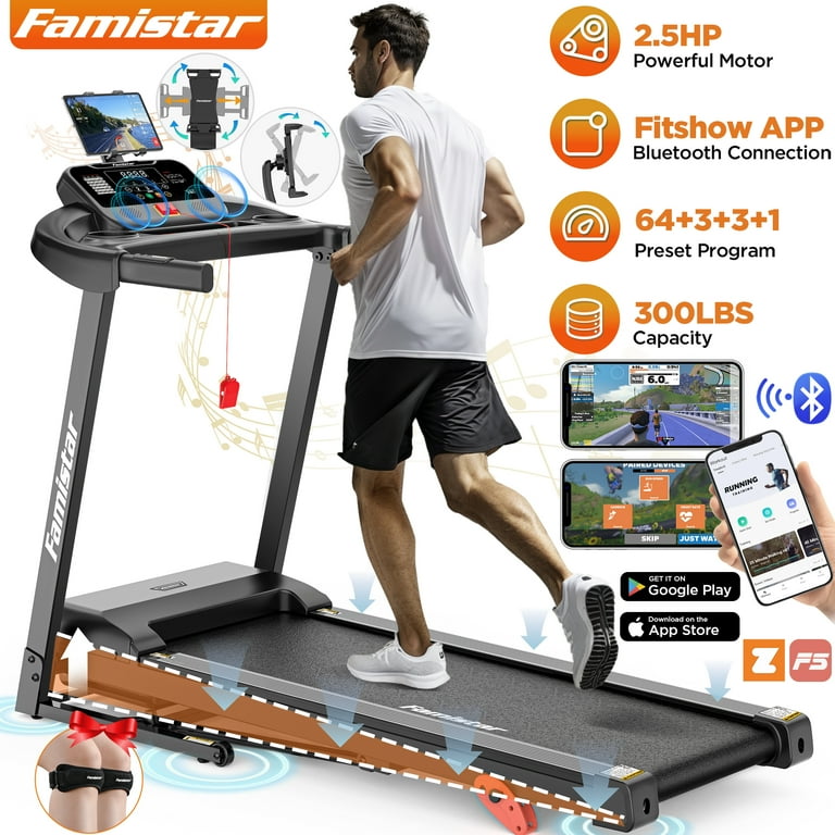 Famistar 2.5HP Folding Treadmill for Home w APP Control 300lbs Capacity Adjustable Incline 64 3 3 1 Programs Bluetooth Speakers Electric Treadmill Running Machine Knee Strap Gift 09 20 Update Shop Bla...