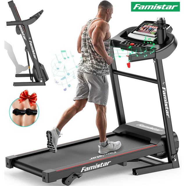 Famistar Folding Incline Treadmill for Home with Smart LCD Display, 265lbs, 12 Programs 3 Modes, MP3 Music Speaker, 2.5HP Electric Foldable Treadmill Running Machine, Knee Strap Gift