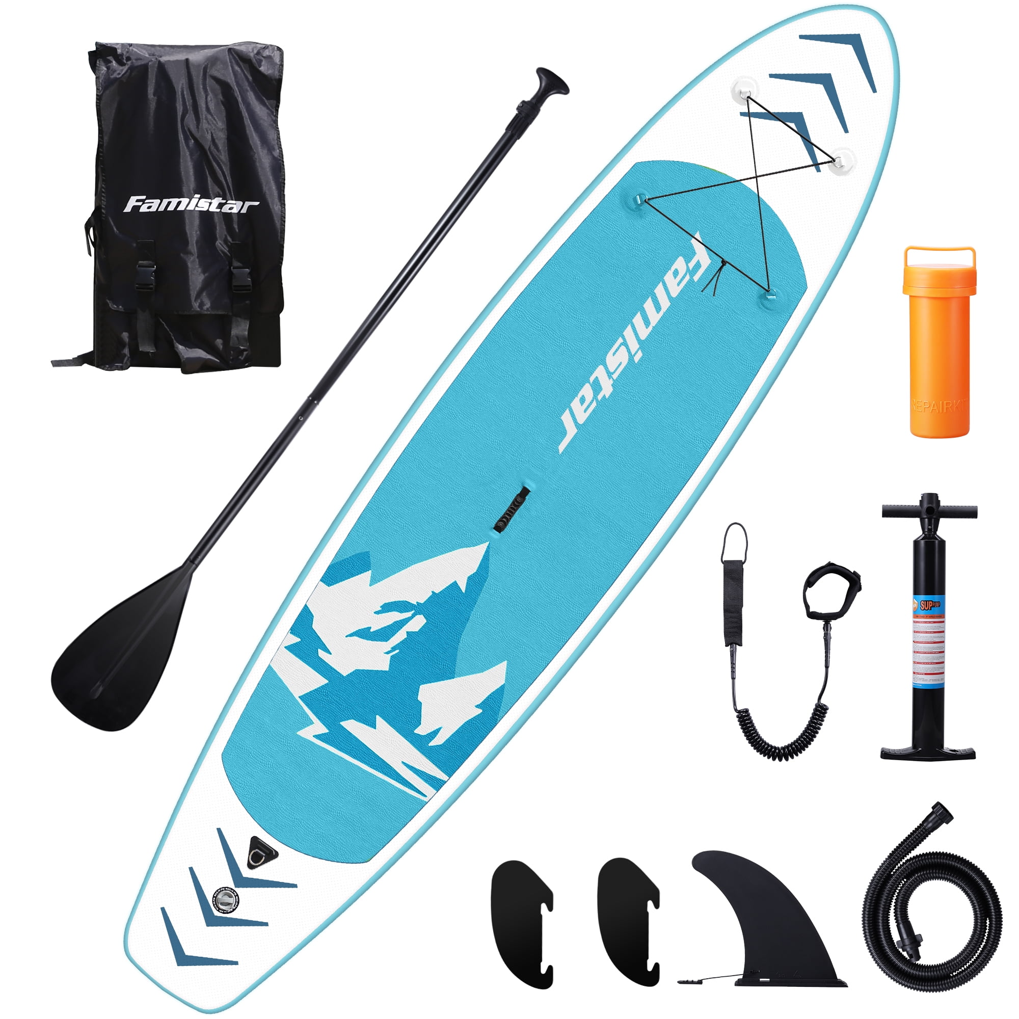 Famistar Inflatable SUP Paddle Board, 144"Lx32"Wx6"THK, w/ 3 Removable Fins, Adjustable Paddle, Pump with PSI Gauge, Carrying Backpack & Repair Kit