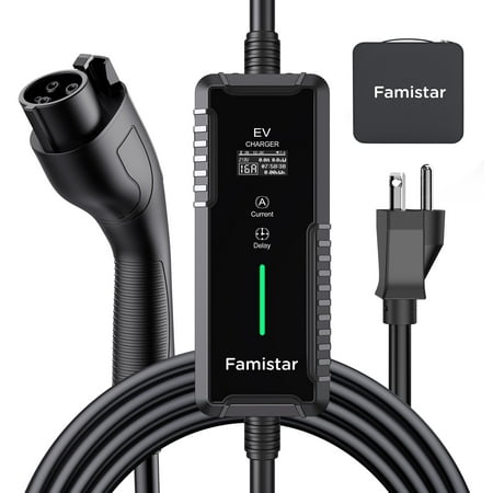 Famistar Level 1 & 2 EV Charger, 25 ft Adj. 8-16A 100-240V Portable Electric Car Fast Charger, Plug-in Electric Vehicle Charger Staion for J1772 EVS Green