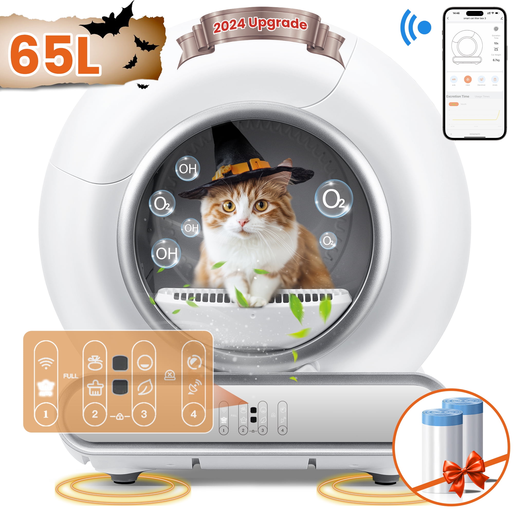 Famistar Self Cleaning Cat Litter Box, Automatic Cat Litter Box with APP Control, 65+9L Large Capacity, All-round Safety Protection, Fully Auto Cleaning, Support 2.4G WiFi Only, 2 Rolls Liner Gift