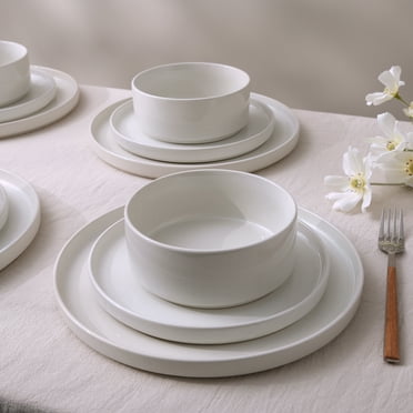 Famiware 12 Piece Dinnerware Set, Stoneware Plates and Bowls Set, Dish Set for 4, White