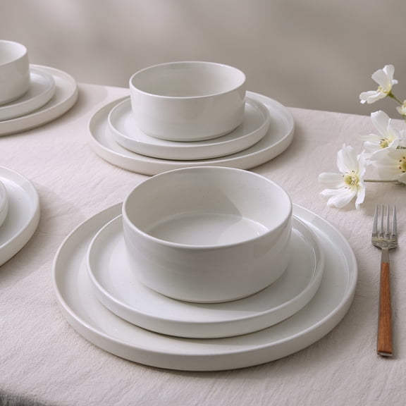 Famiware 12-Piece Stoneware Dinnerware Set with Plates & Bowls for 4, White