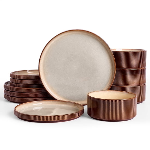 Famiware 12-Piece Stoneware Dinnerware Set, Microwave & Dishwasher Safe - Service for 4, Cream & Cocoa