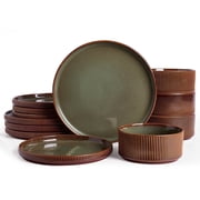 Famiware 12-Piece Stoneware Dinnerware Set, Microwave & Dishwasher Safe - Service for 4, Moss & Cocoa